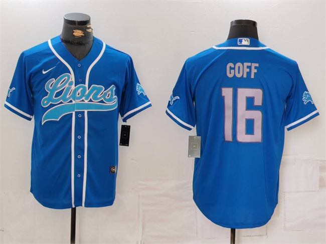 Men's Detroit Lions #16 Jared Goff Blue Cool Base Stitched Baseball Jersey Men's Detroit Lions #16 Jared Goff Blue Cool Base Stitched Baseball Jersey